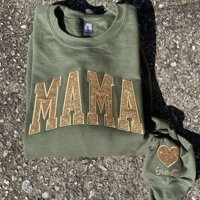 Custom Embroidered Glitter Mama Sweatshirt with Kids Names on Sleeve For New Mum Mother's Day Gift