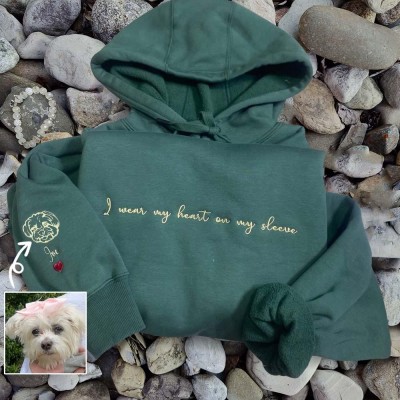 Custom I Wear My Heart On My Sleeve Embroidered Pet Portrait Dark Green Crewneck For Pet Lover