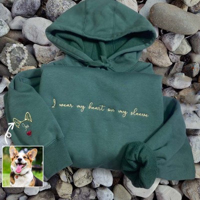 Custom I Wear My Heart On My Sleeve Embroidered Dog and Cat Ear Outline Dark Green Crewneck For Pet Lover