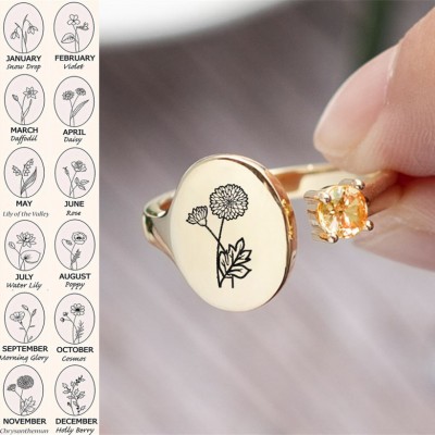 Personalized Birth Flower Ring With Birthstone November Chrysanthemum