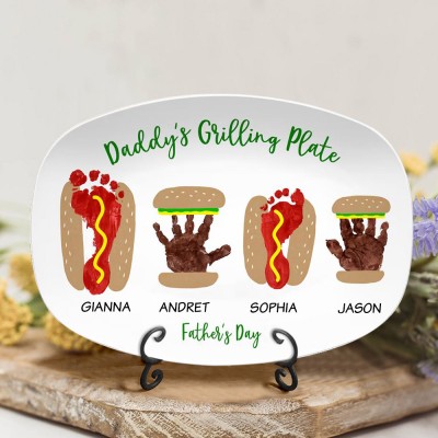 Personalized Burger Hot Dog Handprint Footprint Plate With Name For Father's Day