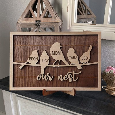 Custom Bird Family Wood Sign Our Nest With Name Engraved Home Decor for Mother's Day Christmas