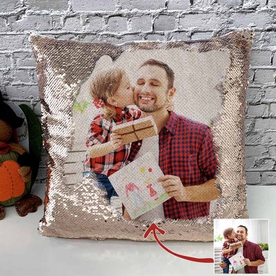 Personalized Rose Gold Sequin Photo Pillow For Dad Father's Day
