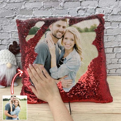 Personalized Red Sequin Photo Pillow For Couples Valentine's Day