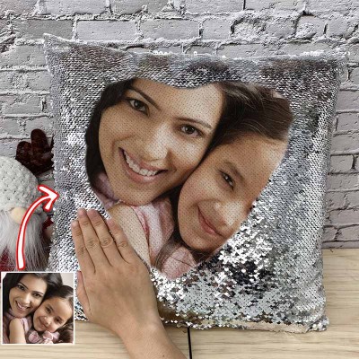 Personalized Silver Sequin Photo Pillow For Mother's Day