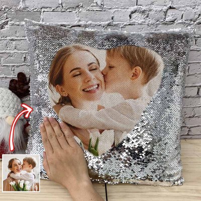Personalized Silver Sequin Photo Pillow For Mother's Day