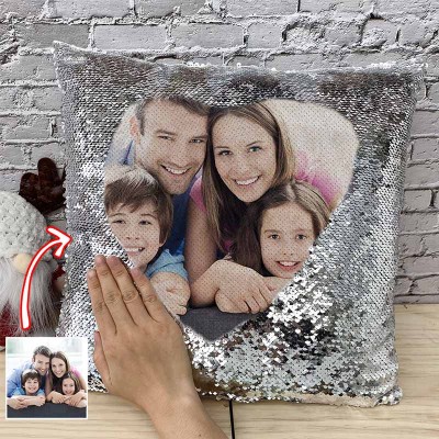 Personalized Silver Sequin Photo Pillow For Family