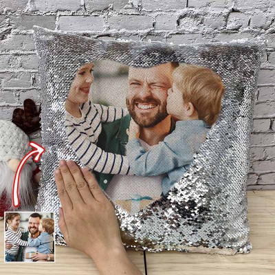 Personalized Silver Sequin Photo Pillow For Dad Father's Day