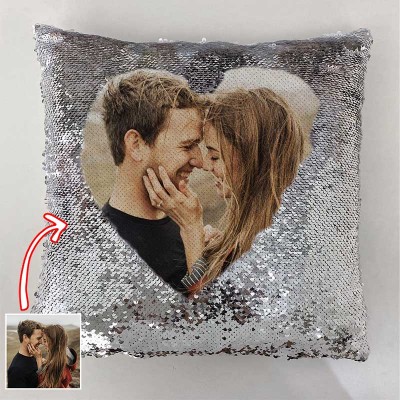 Personalized Silver Sequin Photo Pillow For Couples Valentine's Day