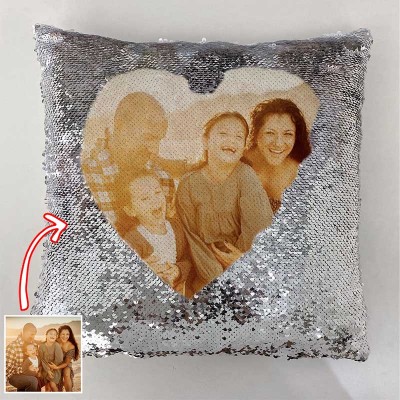 Personalized Silver Sequin Photo Pillow For Family