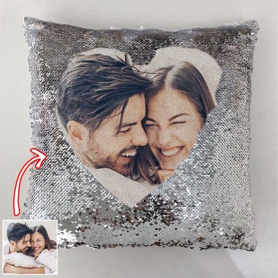 Personalized Silver Sequin Photo Pillow For Couples Valentine's Day
