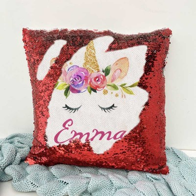Personalized Sequin Name Red Pillow Unicorn Birthday Gift for Girls