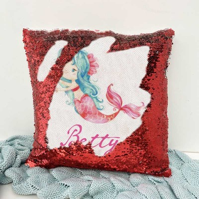 Personalized Sequin Name Red Pillow Mermaid Girl Birthday Gift