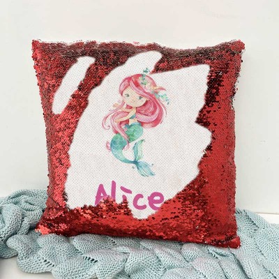 Personalized Sequin Name Red Pillow Mermaid Girl Birthday Gift