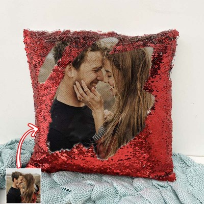 Personalized Red Sequin Photo Pillow For Couples Valentine's Day