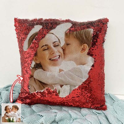 Personalized Red Sequin Photo Pillow For Mother's Day