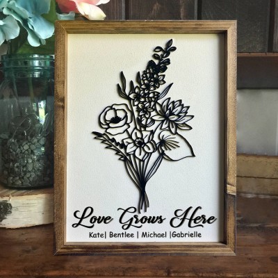 Custom Birth Month Flower Bouquet Frame With Kids Name For Mom Grandma Mother's Day Gift Ideas