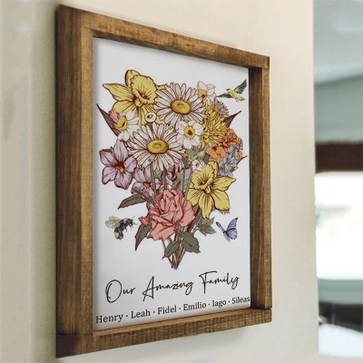 Custom Birth Flower Family Bouquet Art Wood Sign For Mom Grandma Christmas Gift Ideas