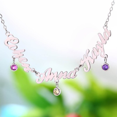 Silver Personalized Name Necklace With 1-6 Names and Birthstones