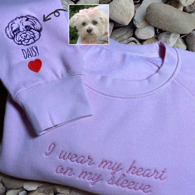 Custom I Wear My Heart On My Sleeve Embroidered Pet Portrait Sweatshirt Hoodie