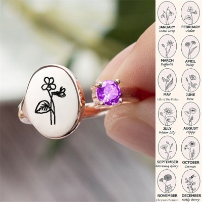 Personalized Birth Flower Ring With Birthstone February Violet