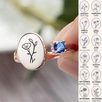 Personalized Birth Flower Ring With Birthstone September Morning Glory