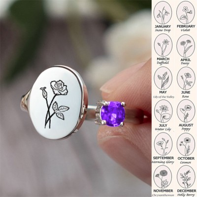 Personalised Birth Flower Ring With Birthstone June Rose