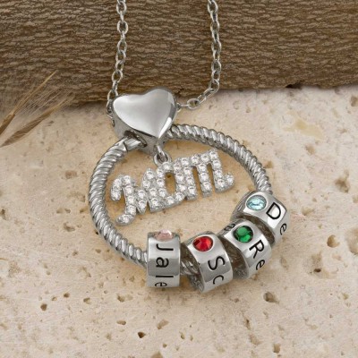 Silver Linda Circle Pendant Necklace With Engraved Name Beads Mom Birthstone Gift