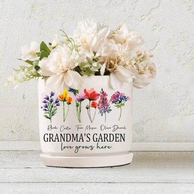 Custom Grandma's Garden Birth Month Flower Pot With Grandkids Name For Mother's Day