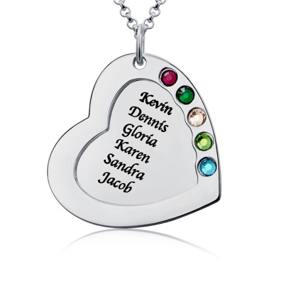 Engravable Heart Family Names Necklace With 1-6 Birthstones