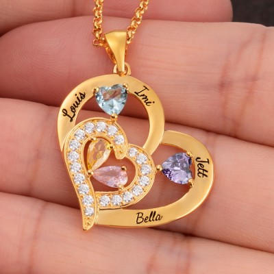 Custom Heart Necklace With 1-10 Name and Birthstones For Mother's Day Christmas Gift Ideas