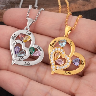 Custom Heart Necklace With 1-10 Name and Birthstones For Mother's Day Christmas Gift Ideas