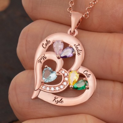 Custom Heart Necklace With 1-10 Name and Birthstones For Mother's Day Christmas Gift Ideas
