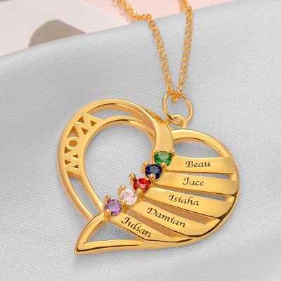 Personalized Heart Love Shape 1-6 Engraved Names and Birthstones Necklaces