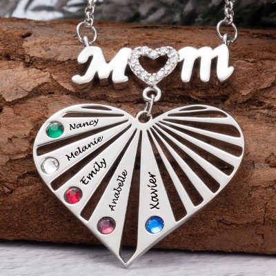 Custom Mom Heart Necklace With Kids Name and Birthstone For Mother's Day Christmas Birthday