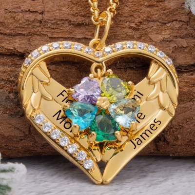 Custom 1-6 Names and Birthstone Angel Wings Heart Necklace