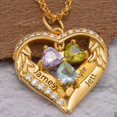 Custom 1-6 Names and Birthstone Angel Wings Heart Necklace