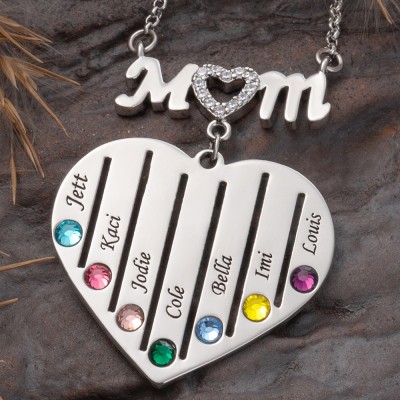 Custom Mom Heart Necklace With Kids Name and Birthstone For Mother's Day Christmas Birthday Gift Ideas