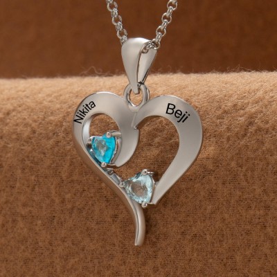 Personalised Couple Names Heart Necklace With Birthstones Valentine's Day Gifts