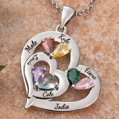 Custom Heart Necklace With 1-10 Name and Birthstones For Mother's Day Christmas Gift Ideas