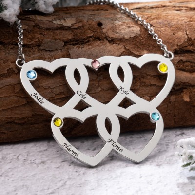 Personalised Intertwined Heart Necklace With 1-5 Name Engraved and Birthstone