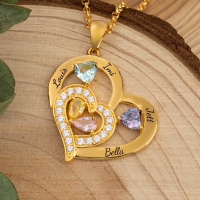 Custom Heart Necklace With 1-10 Name and Birthstones For Mother's Day Christmas Gift Ideas