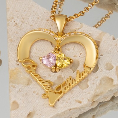 Personalised Heart Necklaces With 2 Name and Birthstone For Soulmate Girlfriend Valentine's Day