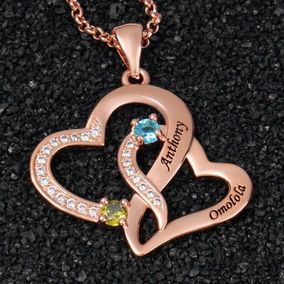 Personalised Heart Necklaces With 2 Names and Birthstone For Soulmate Girlfriend Valentine's Day Anniversary