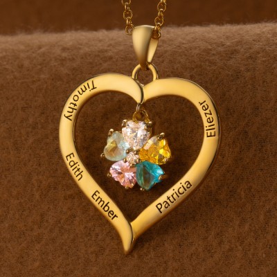 Personalised Heart Necklaces With 5 Names and Birthstone For Mother's Day Birthday Gift Ideas