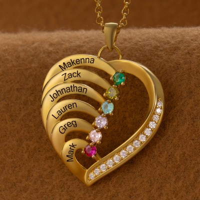Personalised Heart Necklace With 6 Names and Birthstone For Mother's Day Birthday Gift Ideas