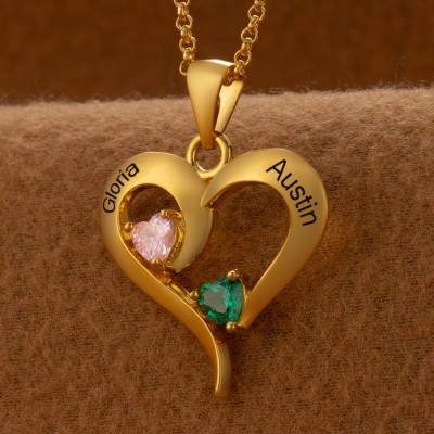 Personalised Couple Names Heart Necklace With Birthstones Valentine's Day Gifts