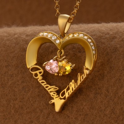 Personalised Heart Necklaces With 2 Name and Birthstone For Soulmate Girlfriend Valentine's Day