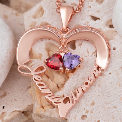 Personalised Heart Necklaces With 2 Name and Birthstone For Soulmate Girlfriend Valentine's Day