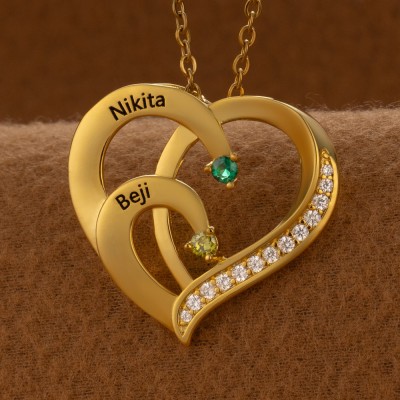 Personalised Couple Names Heart Necklace With Birthstones Valentine's Day Gifts